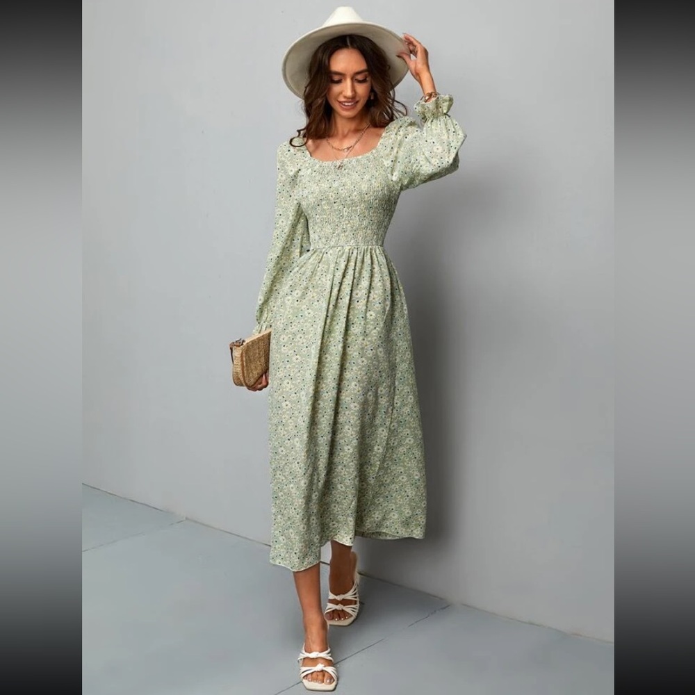 Floral Green Midi Dress Flowers Spring Shirred Flounce Long Sleeve Smocked Small